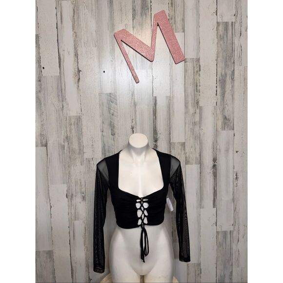 Windsor Black Sheer Sleeve Lace-Up Crop Top – Size M - Picture 1 of 8